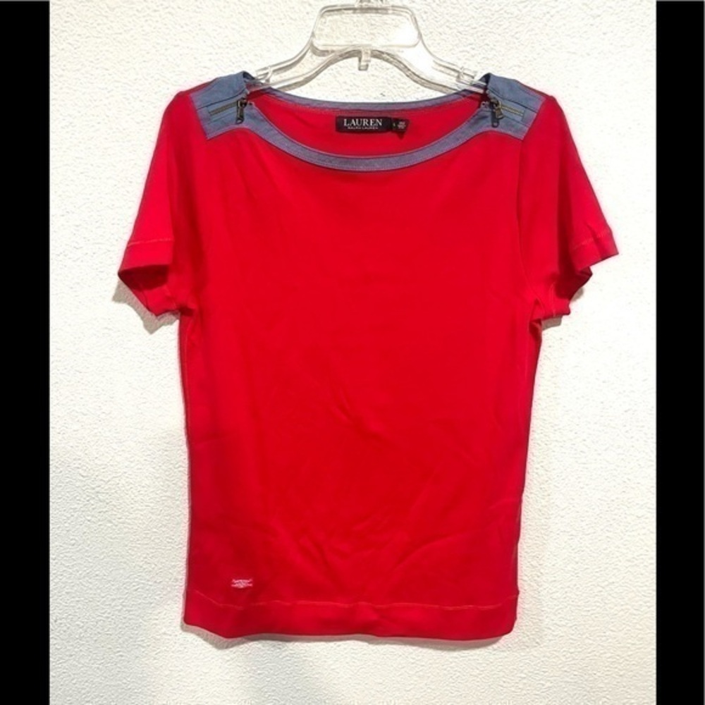 LAUREN RALPH LAUREN Red short sleeve zip boat neck casual top size large